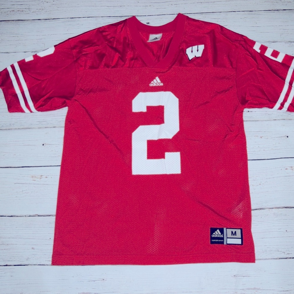 University of WISCONSIN BADGERS Bucky Adidas Football JERSEY Shirt Top Y2K T48
